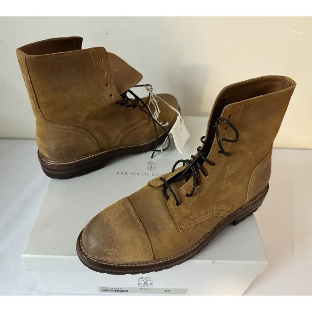 New Brunello Cucinelli Suede Lace Up Cap Toe Combat Boots Size 42EU/9US $1595.00